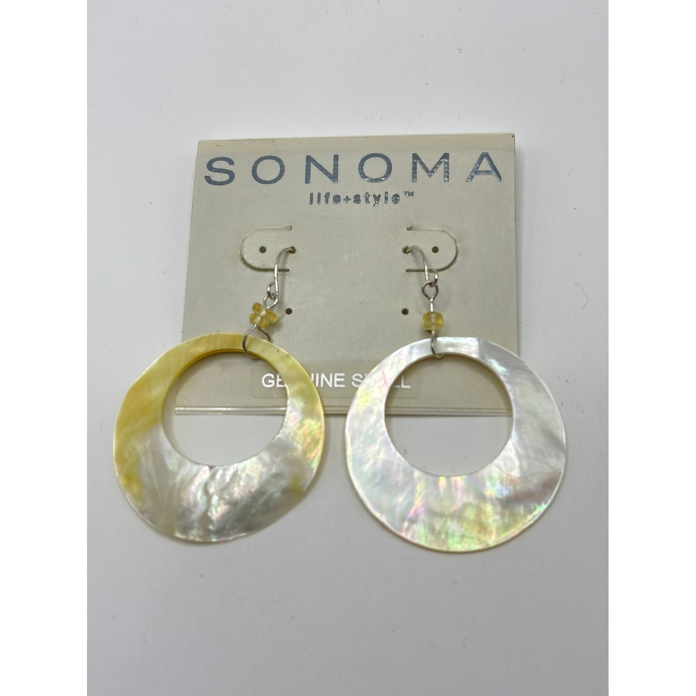 Sonoma Life Style Genuine Shell Hoop Earrings Iridescent Yellow Silver Tone Drop